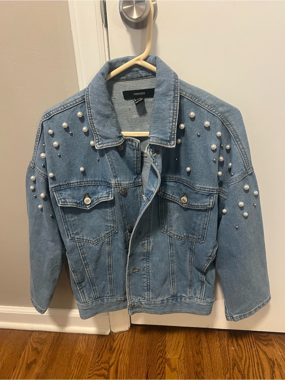Forever 21 Light Blue Denim Jacket with Pearl Studs